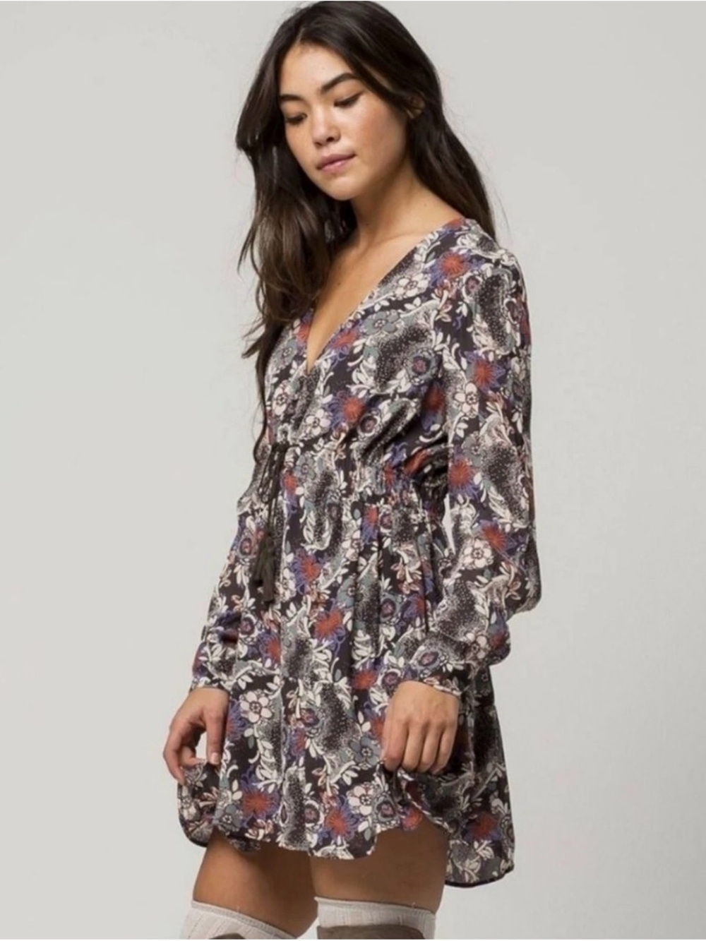 Free People Long Sleeve Floral V-Neck Mini Dress in Dark Floral